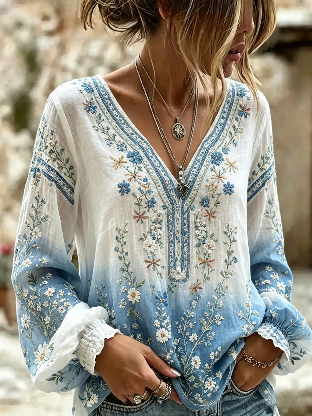 Women's Vintage Floral Art Print Flowy Linen Blend Linen Casual Tops