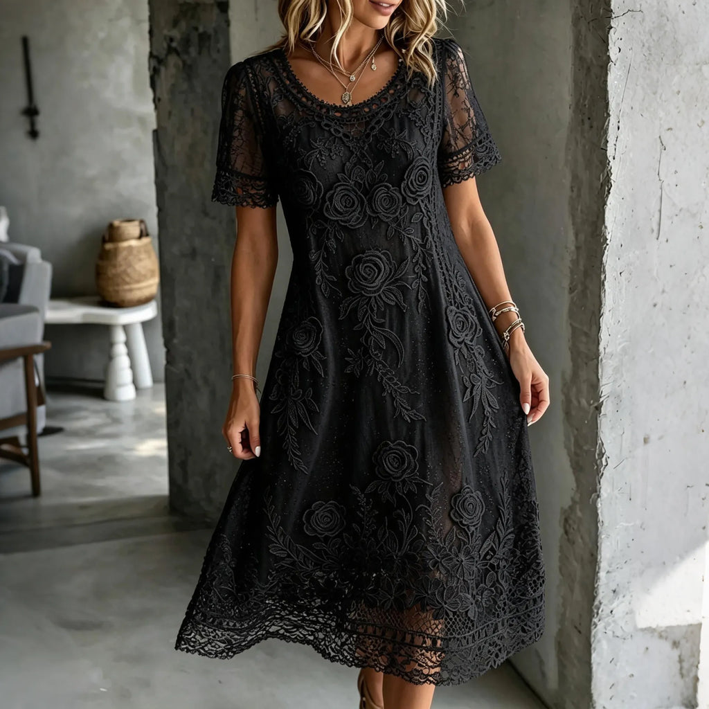 Women's Vintage Rose Art Embroidered Linen Blend Round Neck Midi Dress