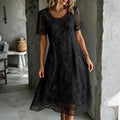 Women's Vintage Rose Art Embroidered Linen Blend Round Neck Midi Dress