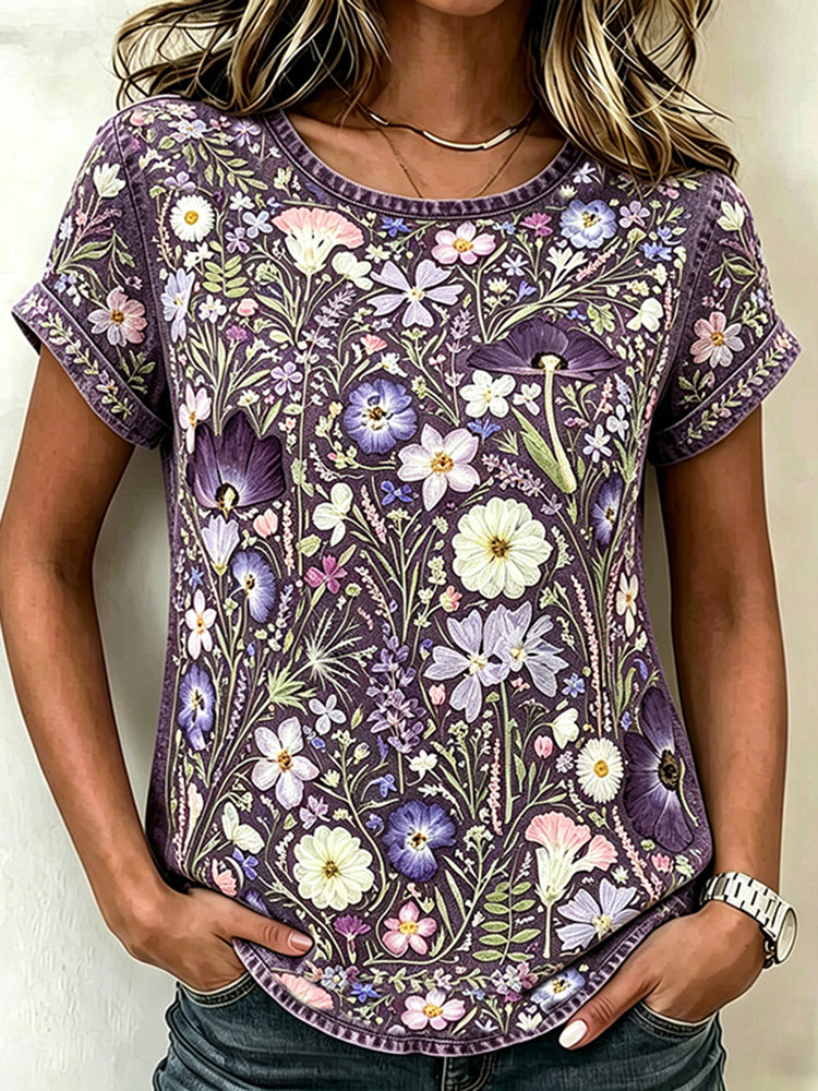 Vintage Pansy Wildflower Pattern Art Washed T Shirt