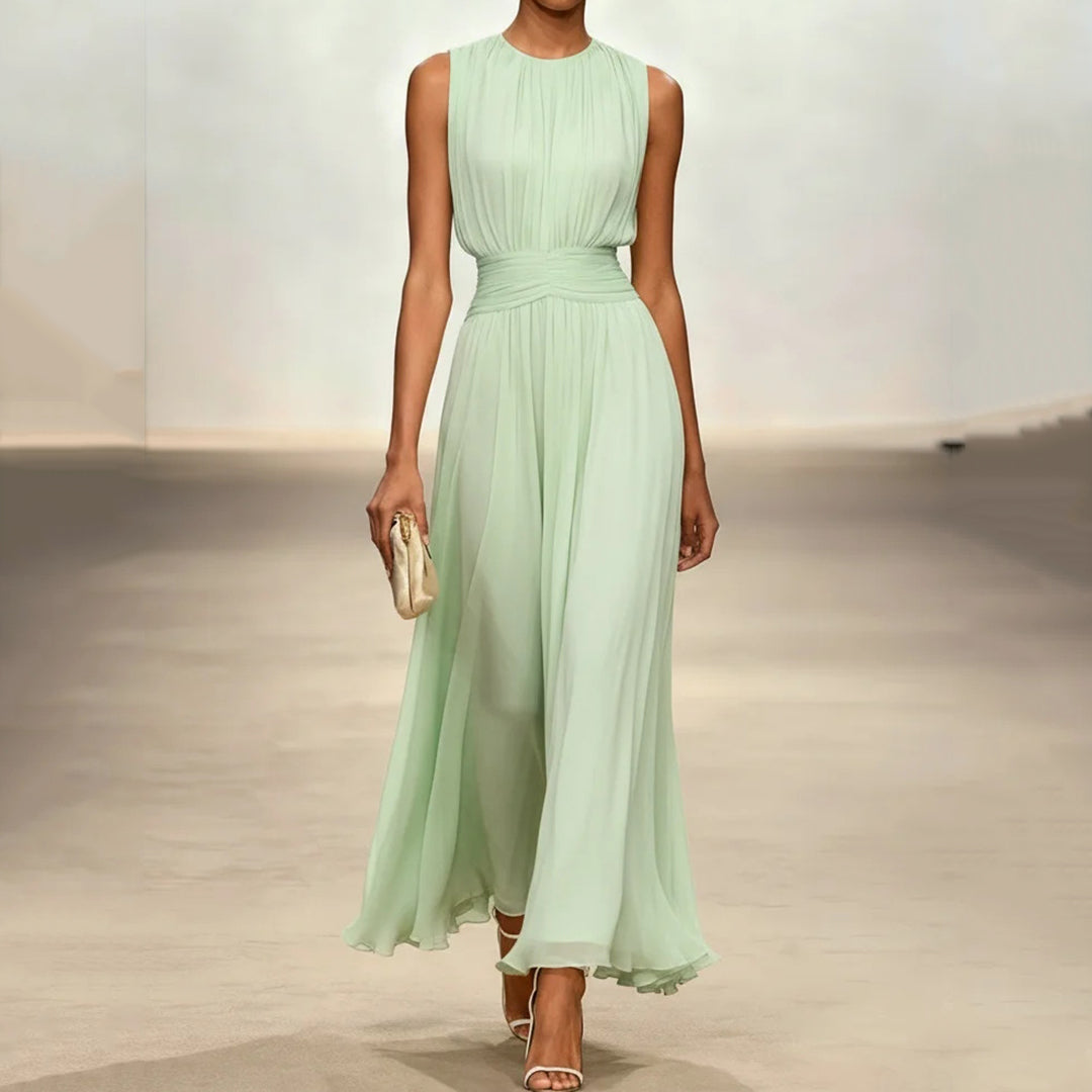 Elegant Solid Color Fitted Waist Round Neck Sleeveless Midi Dress