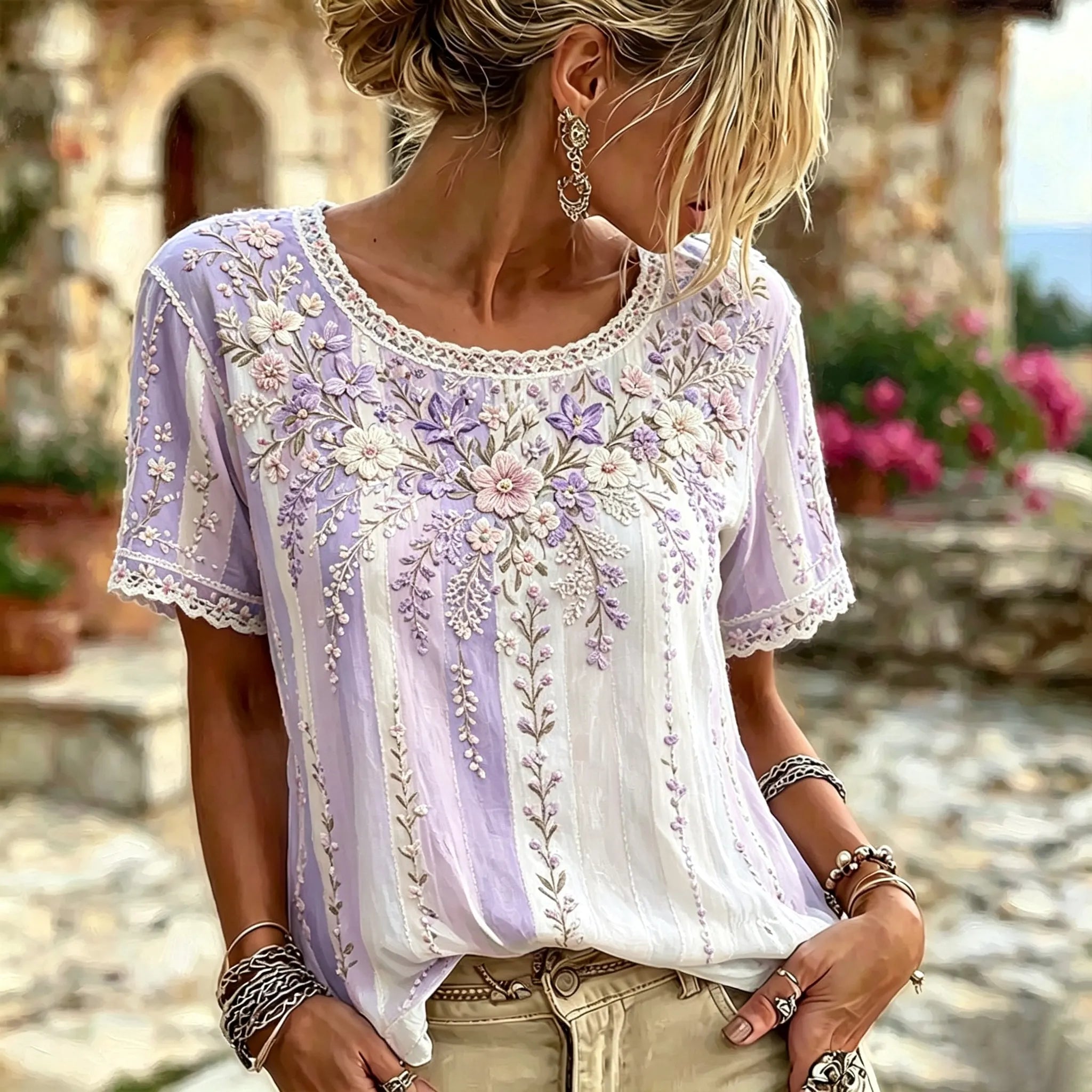 Women's Floral Vine And Lace Embroidered Art Stripe Vintage Round Neck Short Sleeve Top