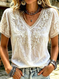 Women's Retro Floral Embroidery Print V-neck Short-sleeve Top
