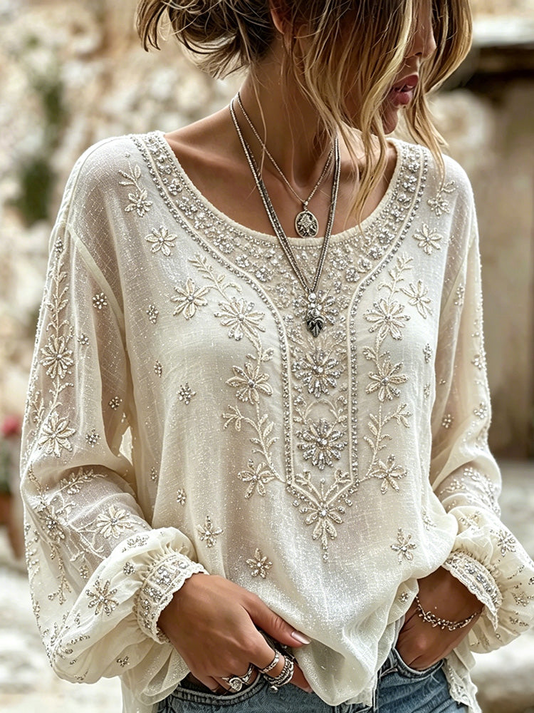 Women's Vintage Floral Rose Art Embroidered Linen Blend Long Sleeve Tops
