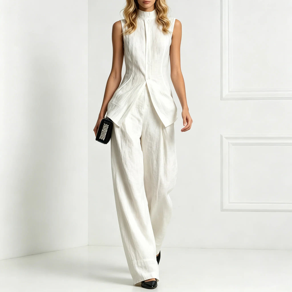 Fashion Elegant Solid Color Sleeveless Cotton Linen Shirt And Trousers Set
