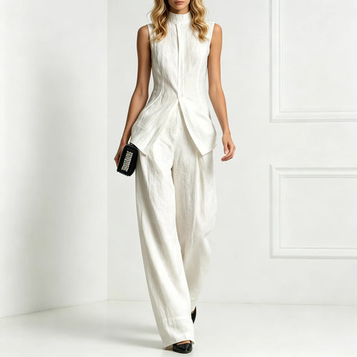 Fashion Elegant Solid Color Sleeveless Cotton Linen Shirt And Trousers Set