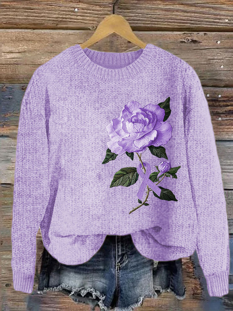 Alzheimer's Purple Rose Embroidered Cozy Knit Sweater