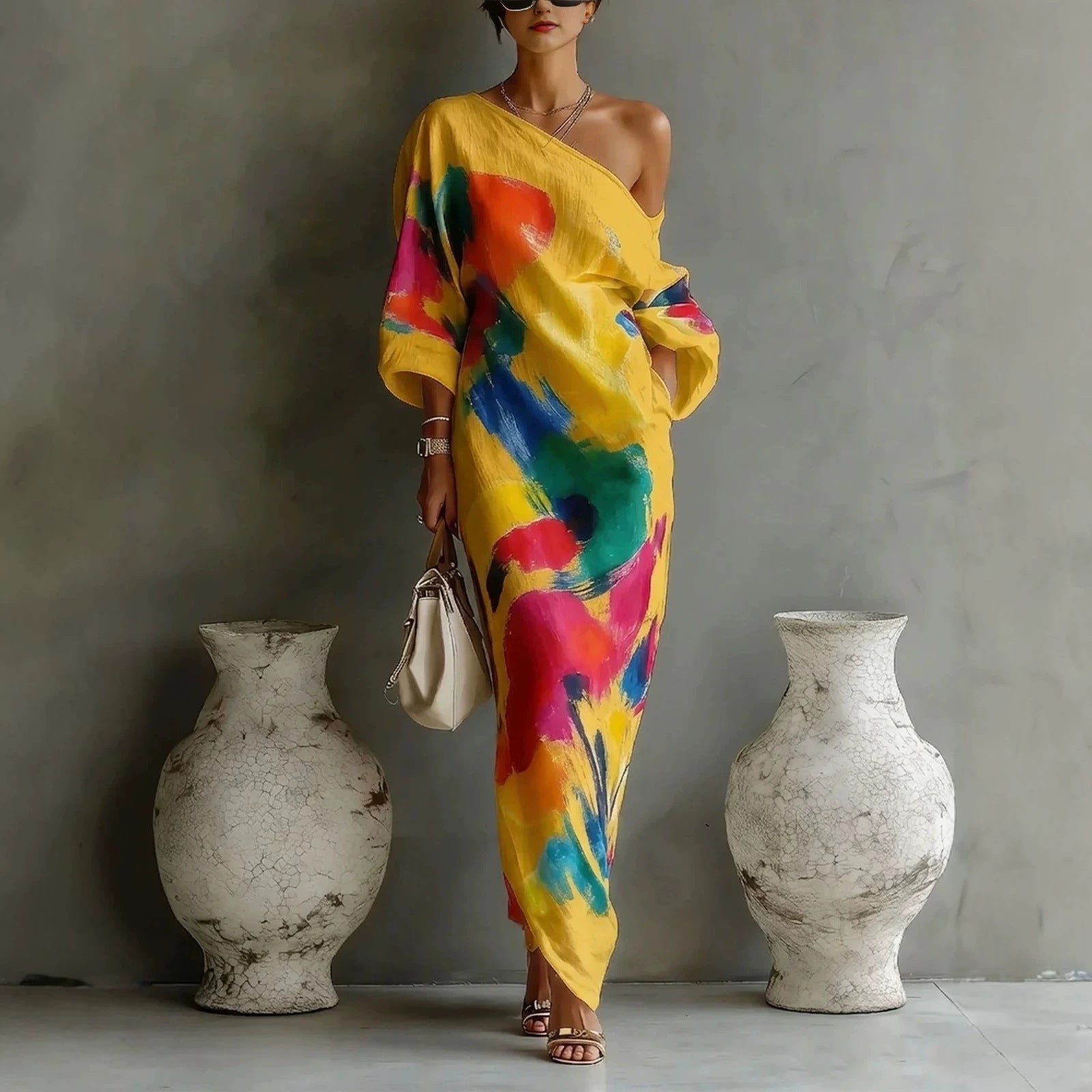 Elegant Abstract Art Print Loose Maxi Dress
