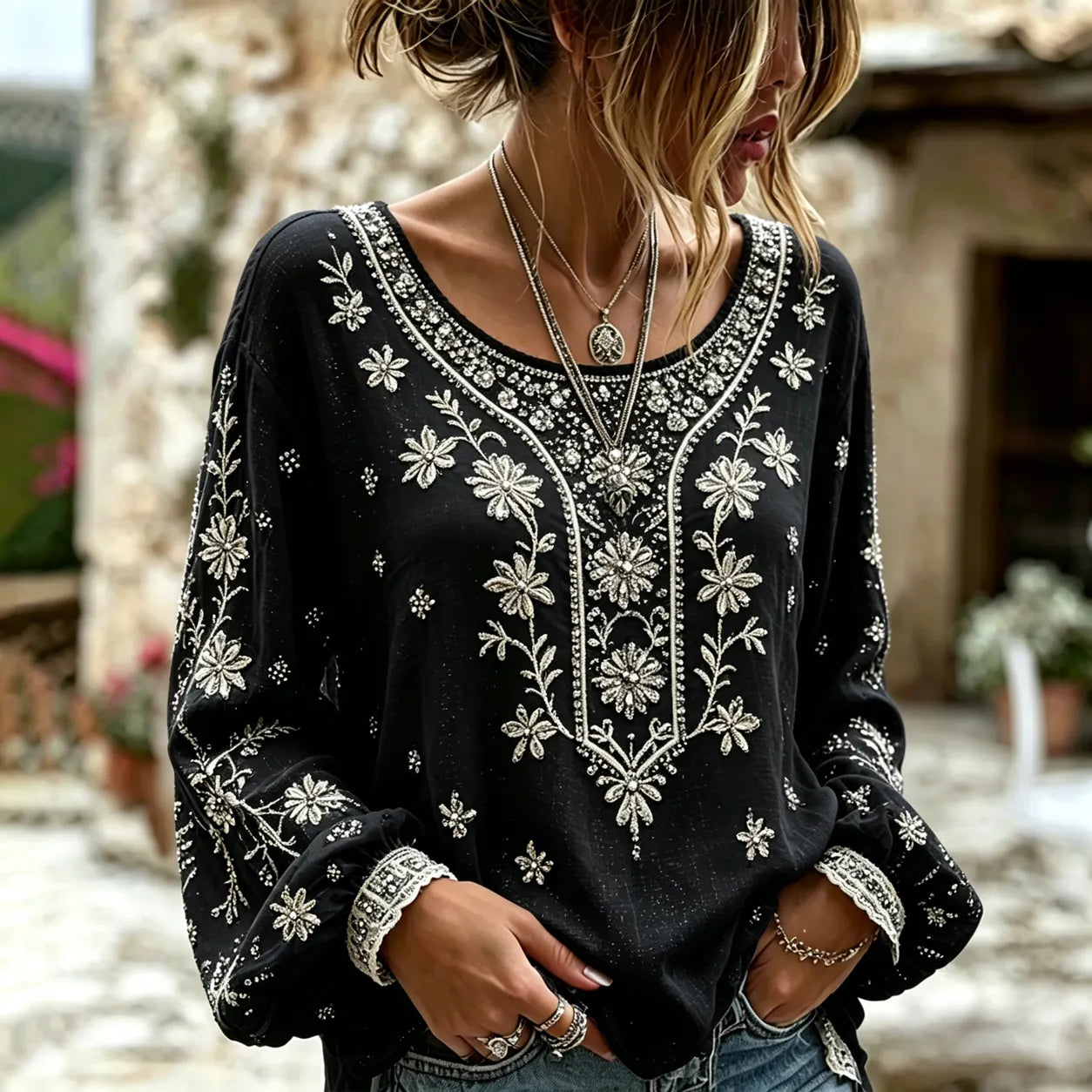 Women's Vintage Floral Rose Art Embroidered Linen Blend Long Sleeve Tops