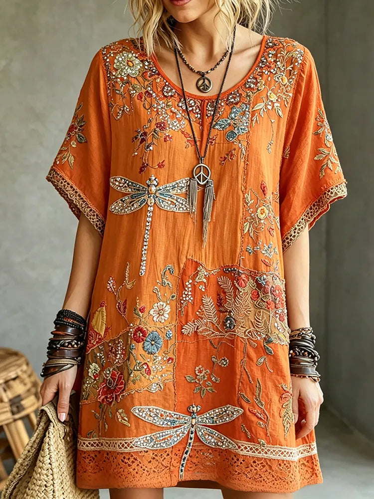 Women's Vintage Hippie Floral And Dragonfly Pattern Art Embroidered Linen Blend Mini Dress