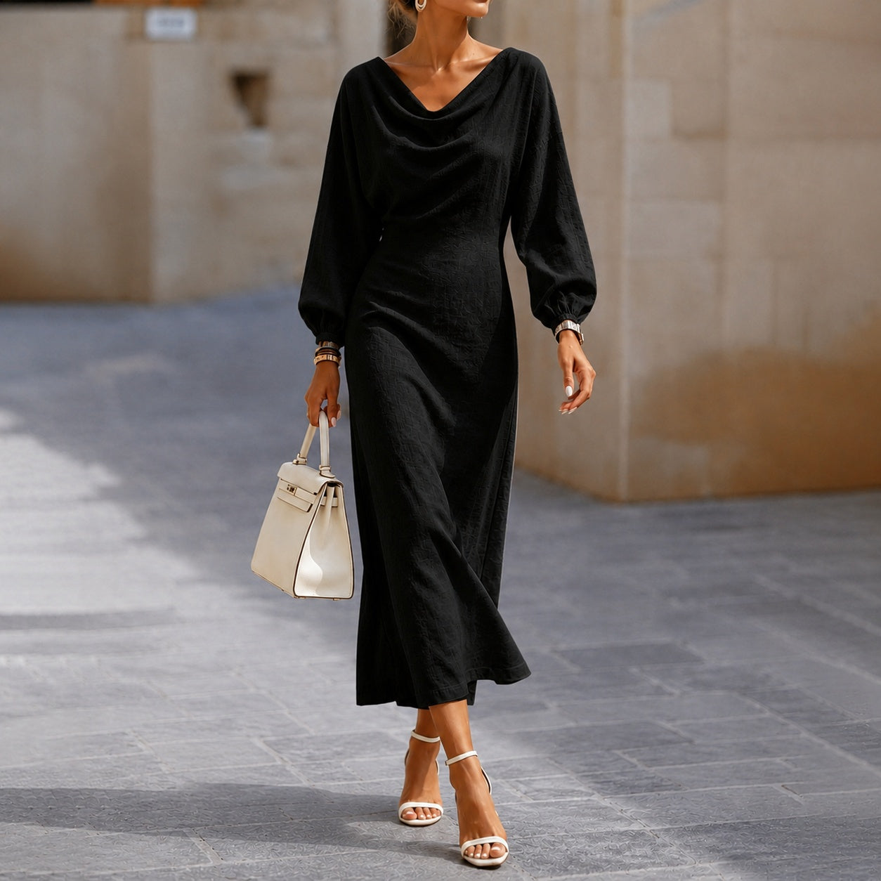Elegant Long-sleeved Turtleneck Maxi Dress