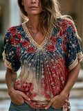 Women's Vintage American Independence Day Floral And Star Embroidered Gradient Casual V-neck Short Sleeve Top