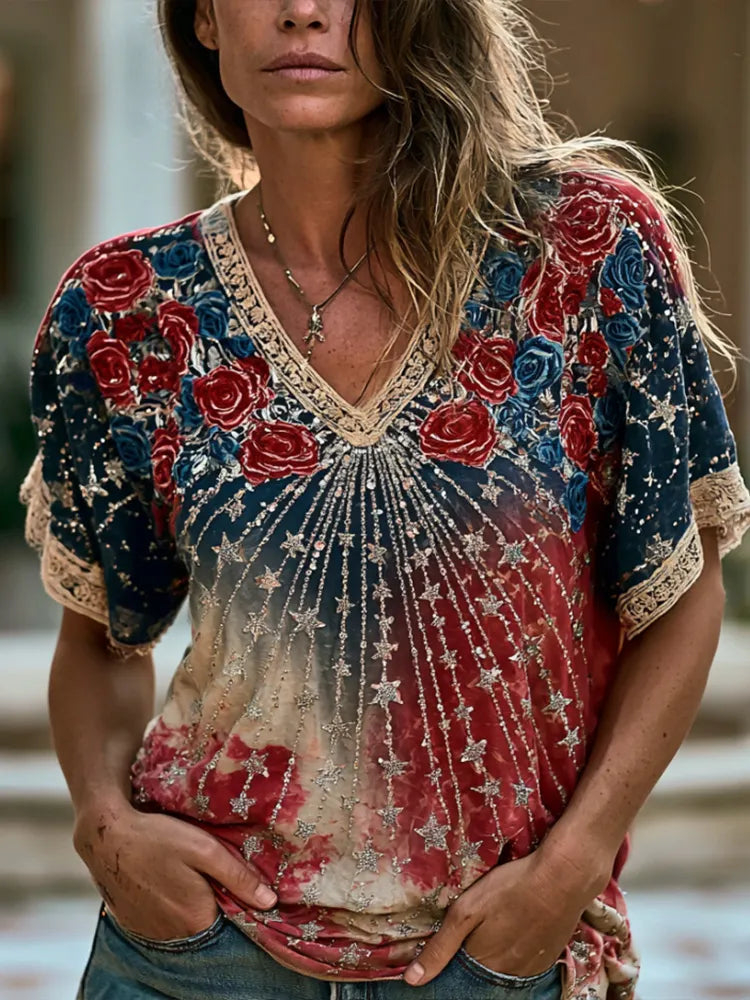 Women's Vintage American Independence Day Floral And Star Embroidered Gradient Casual V-neck Short Sleeve Top