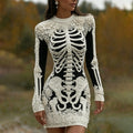 Women's Vintage Halloween Skeleton Bones With Rose Art Cozy Knit Mini Sweater Dress