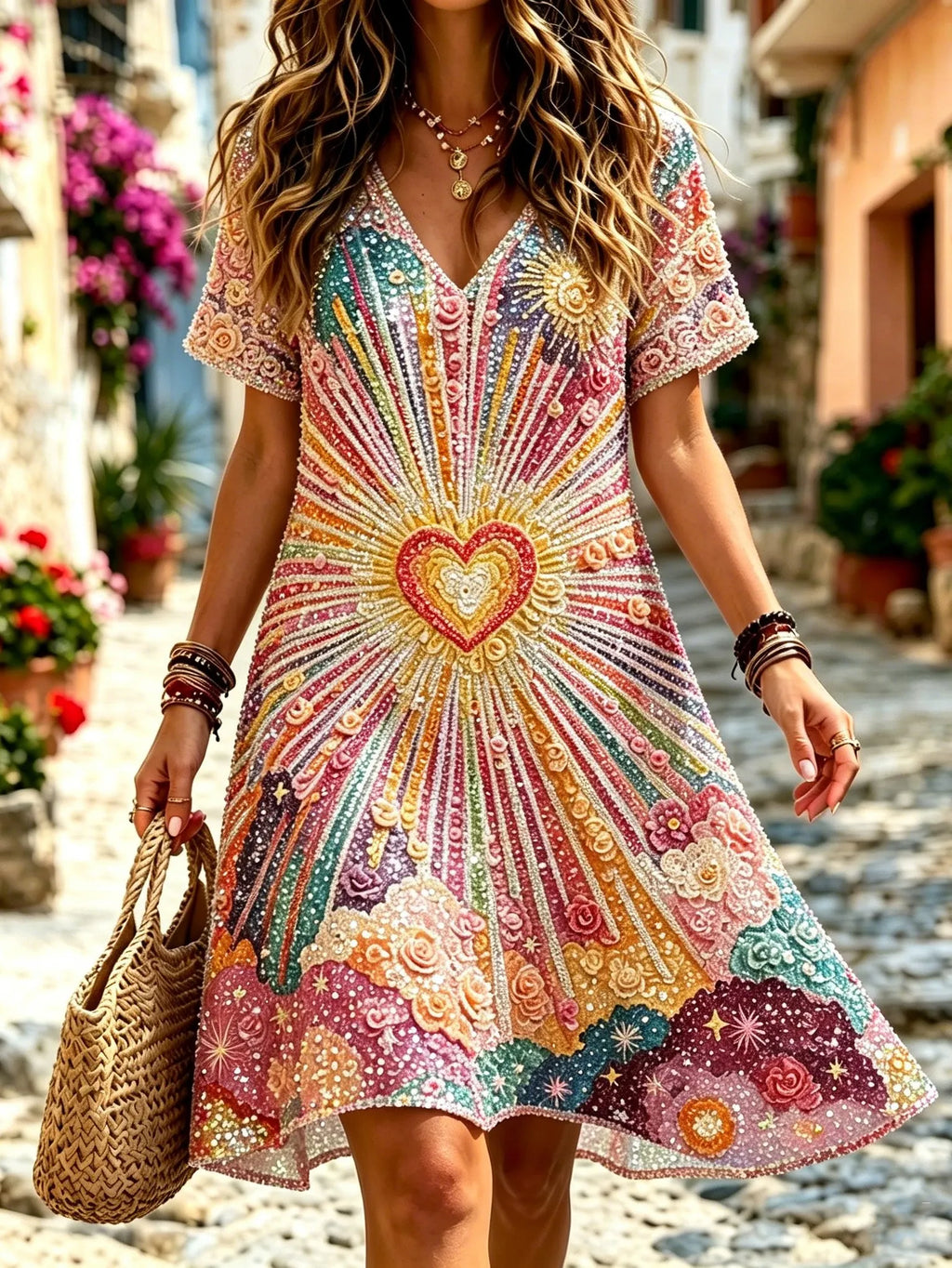 Women's Retro Bohemian Hippie Style Embroidered Print Dress
