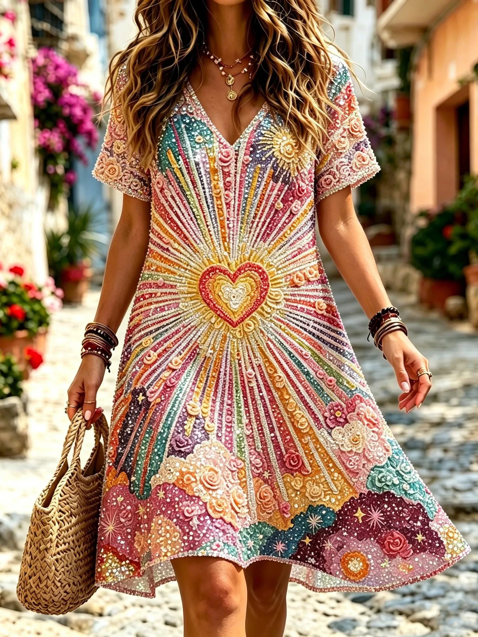 Women's Retro Bohemian Hippie Style Embroidered Print Dress