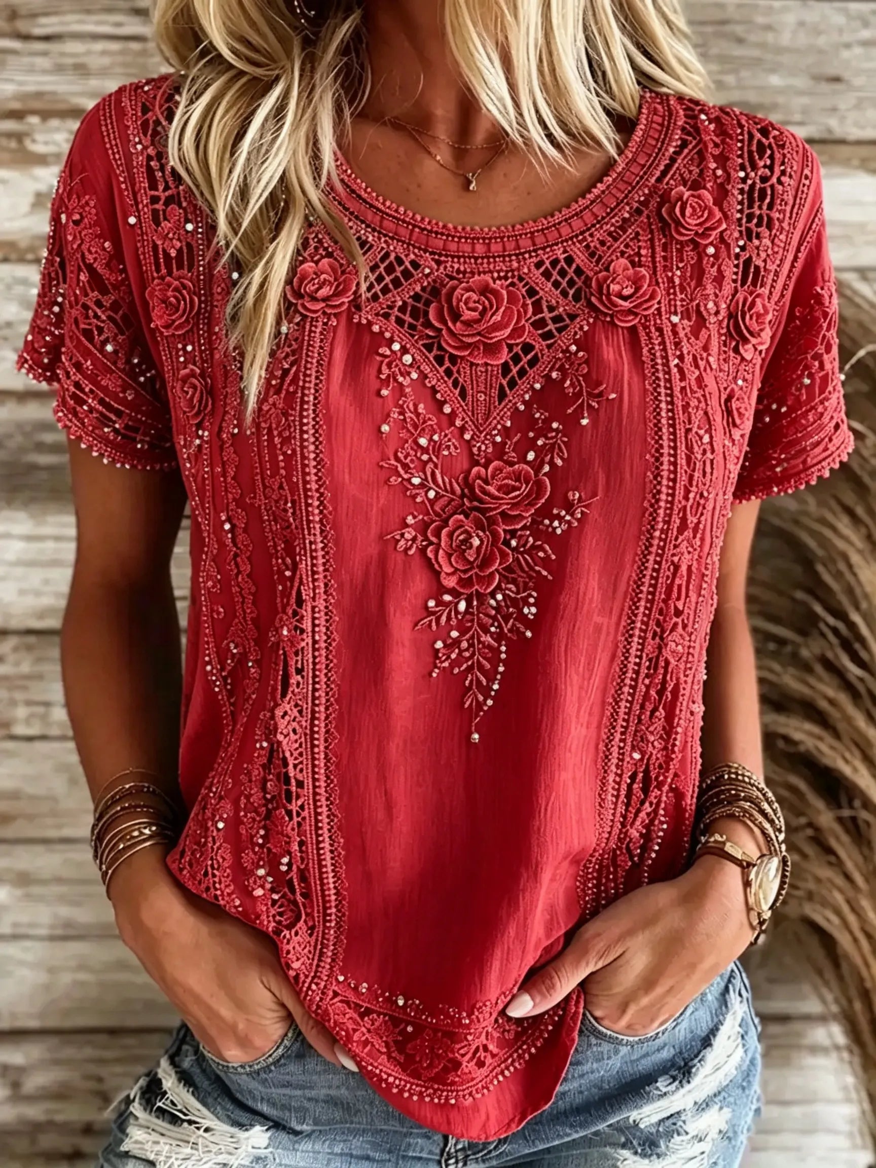 Women's Vintage Floral Art Flowy Linen Blend Casual Tops
