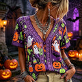 Women's Spooky Halloween Character Print Button-up Shirt
