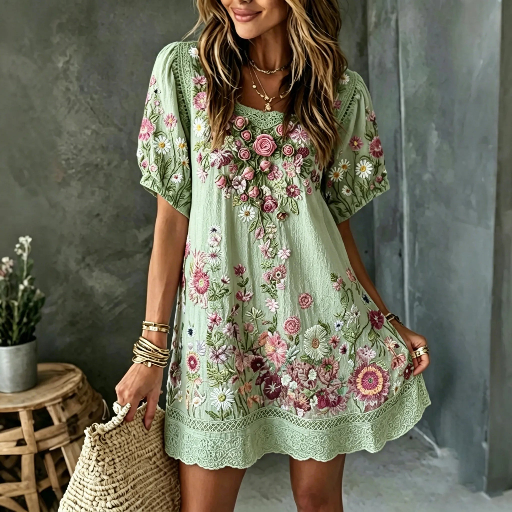 Women's Vintage Floral Art Embroidered Linen Blend Round Neck Mini Dress