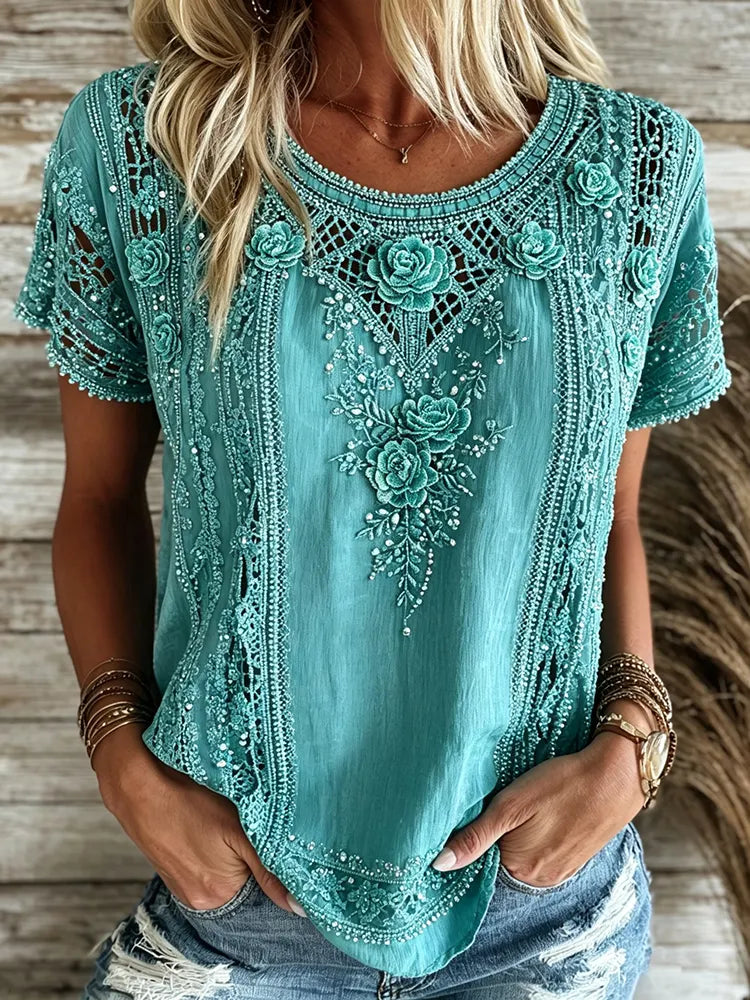 Women's Vintage Floral Art Flowy Linen Blend Casual Tops