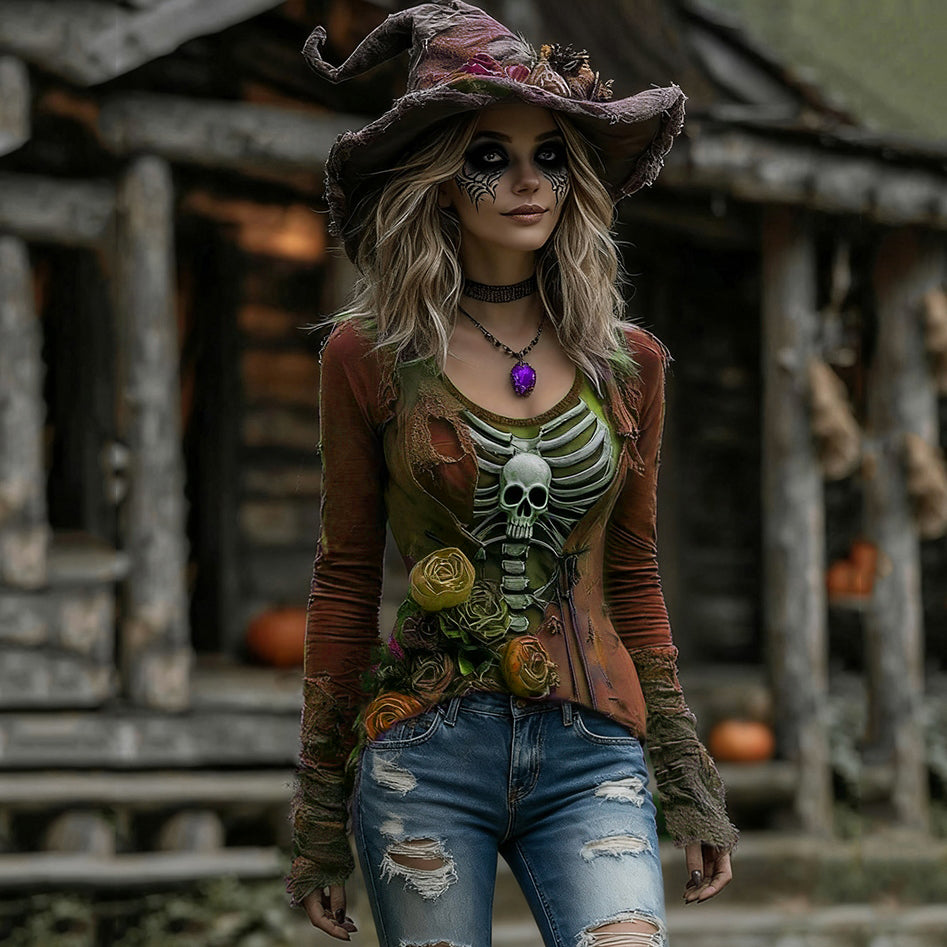 Women's Halloween Rose Skull Witch Cosplay V-neck T-shirt