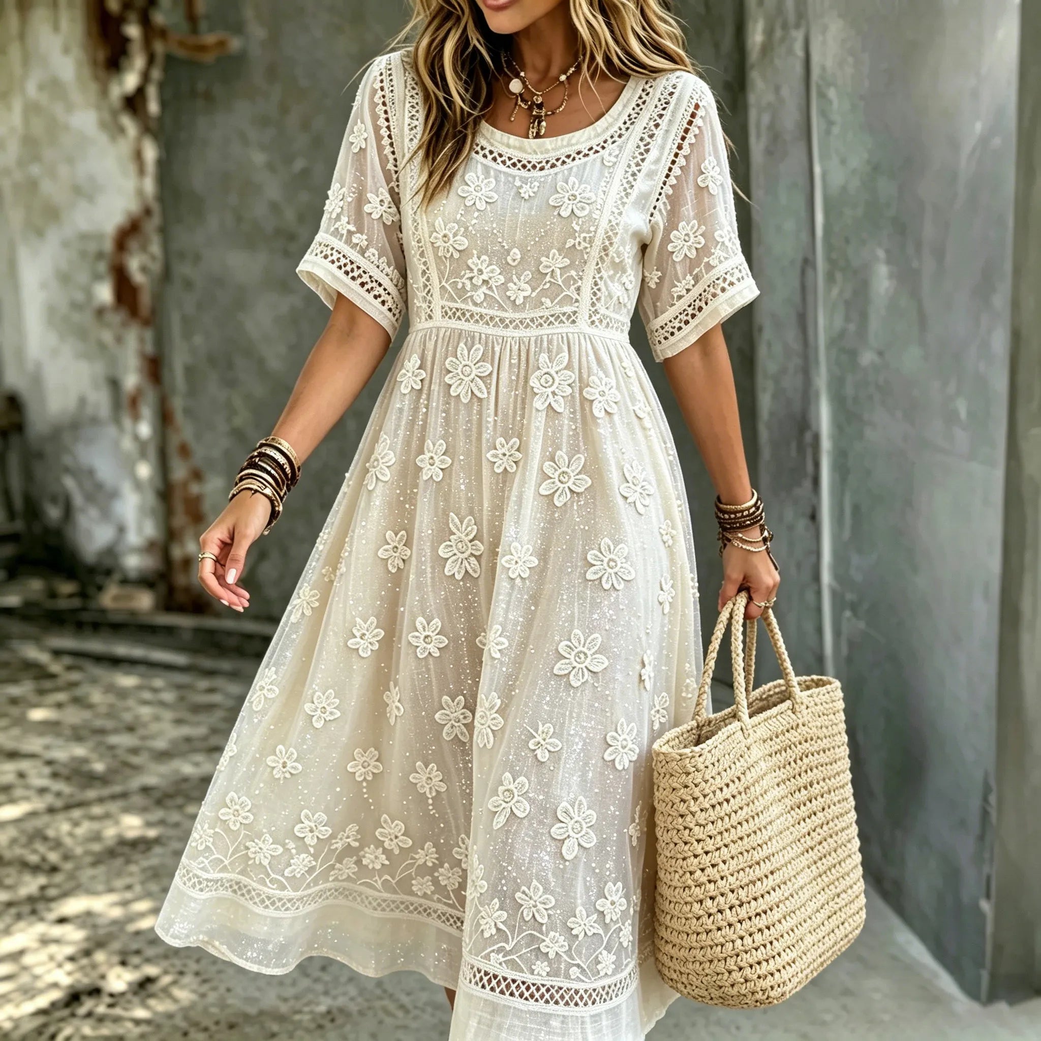 Women's White Floral Art Embroidered Linen Blend Round Neck Maxi Dress