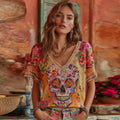 Women's Classic Mexican Sugar Skeleton Catrina Day Of The Dead Inspired Painting Embroidered Casual Linen  V Neck T-shirt