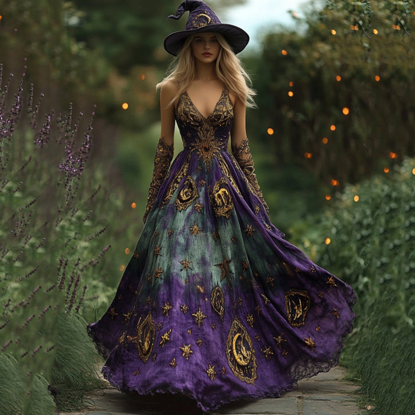 Halloween Themed Tie-dye Star And Moon Embroidered Gradient Witch Maxi Dress