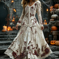 Women's Retro Rose Floral Human Skeletal Art Pattern Casual Linen Maxi Dress