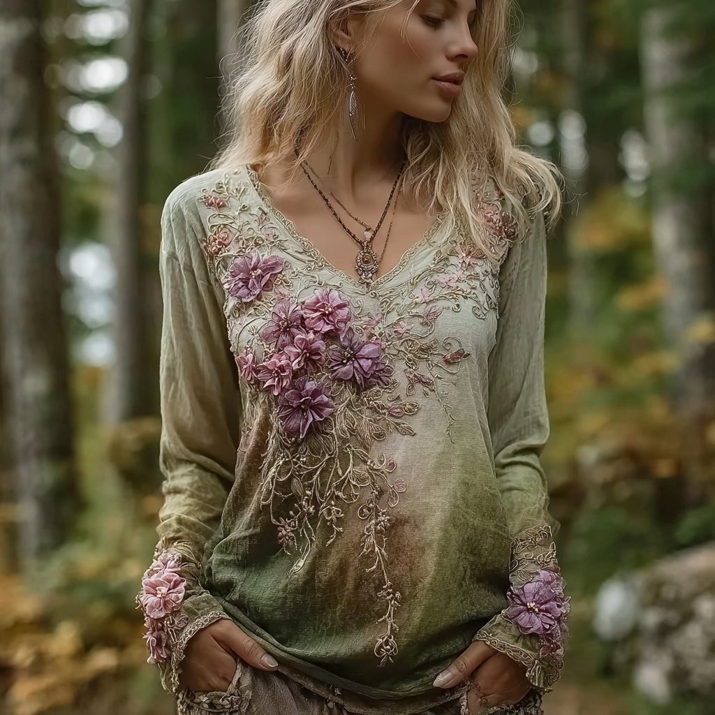 Bohemian Style Forest Style Women's V-neck Cotton And Linen Long-sleeve T-shirt