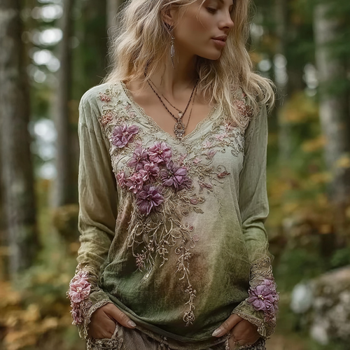 Bohemian Style Forest Style Women's V-neck Cotton And Linen Long-sleeve T-shirt