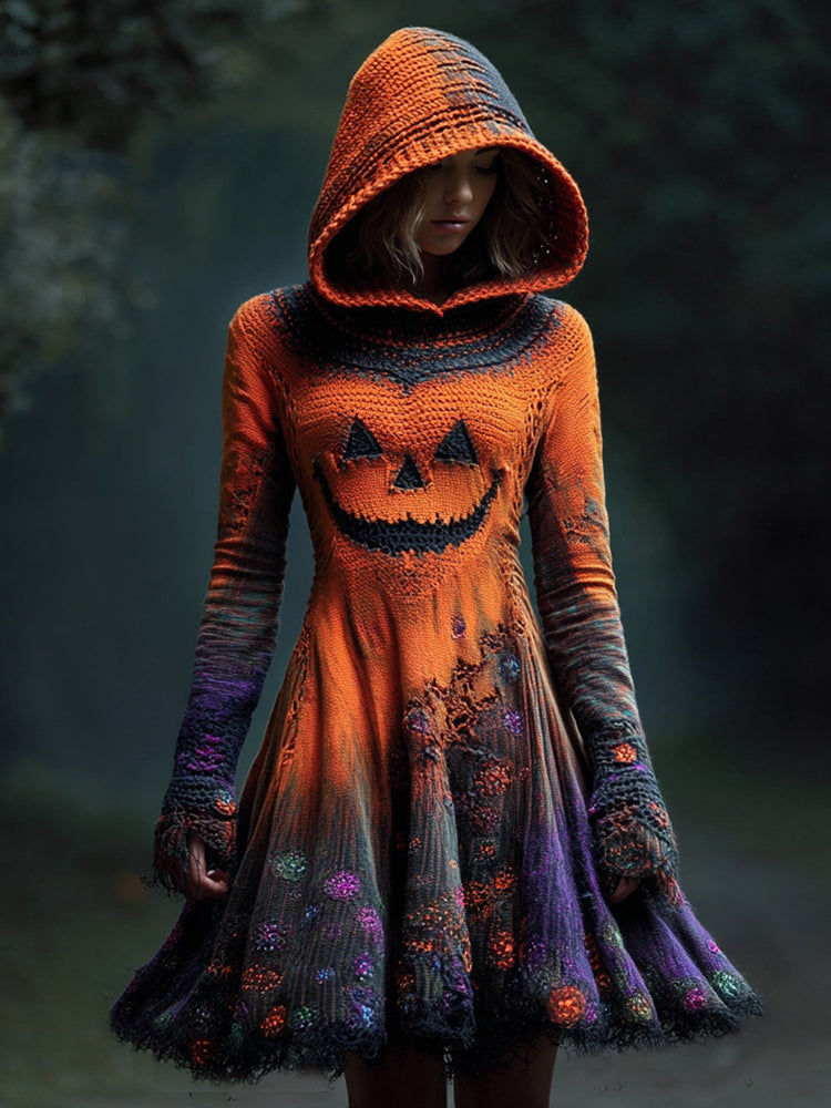 Women's Pumpkin Ghost Face Floral Hooded Knit Dress