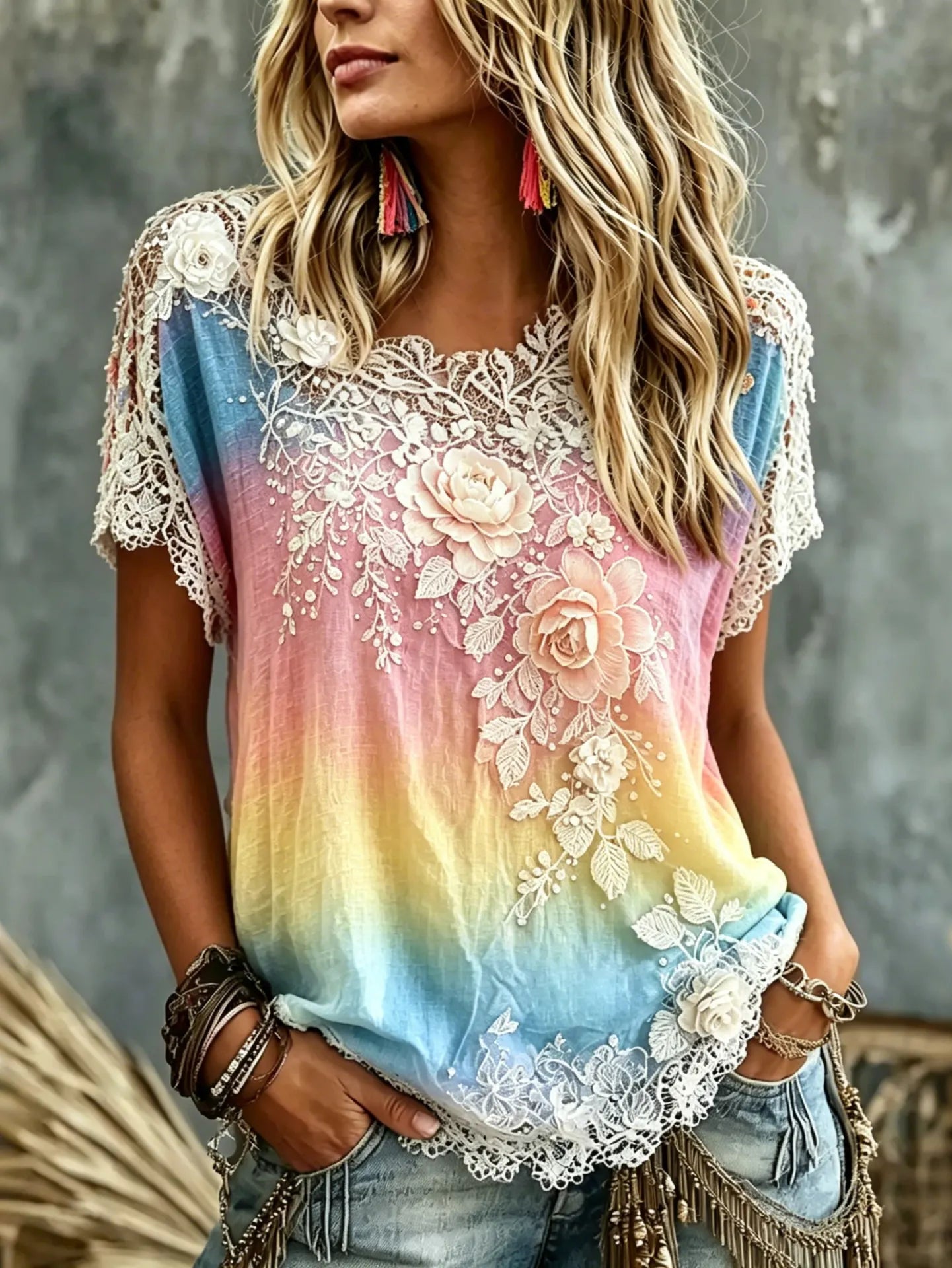 Women's Vintage Flowers Color Gradient Art Flowy Linen Blend T-shirt