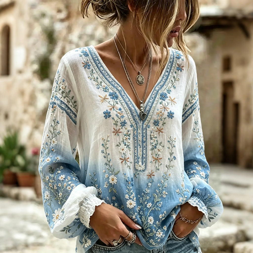 Women's Vintage Floral Art Print Flowy Linen Blend Linen Casual Tops