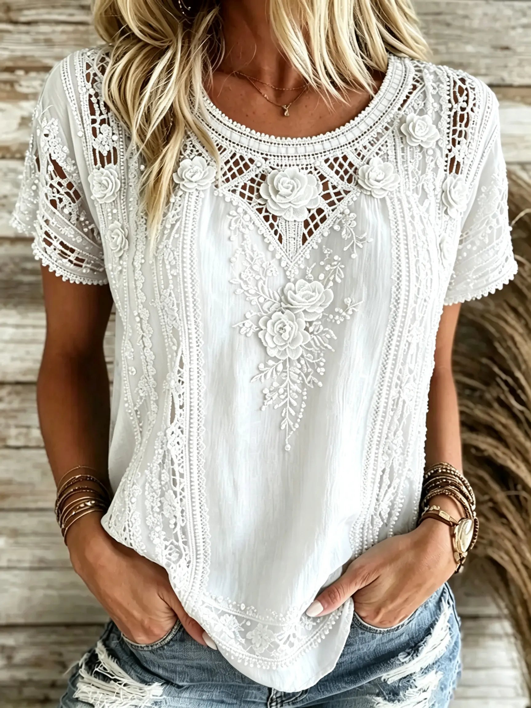 Women's Vintage Floral Art Flowy Linen Blend Casual Tops
