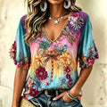 Women's Tie-dye Dragonfly Floral Design Short-sleeve V-neck T-shirt