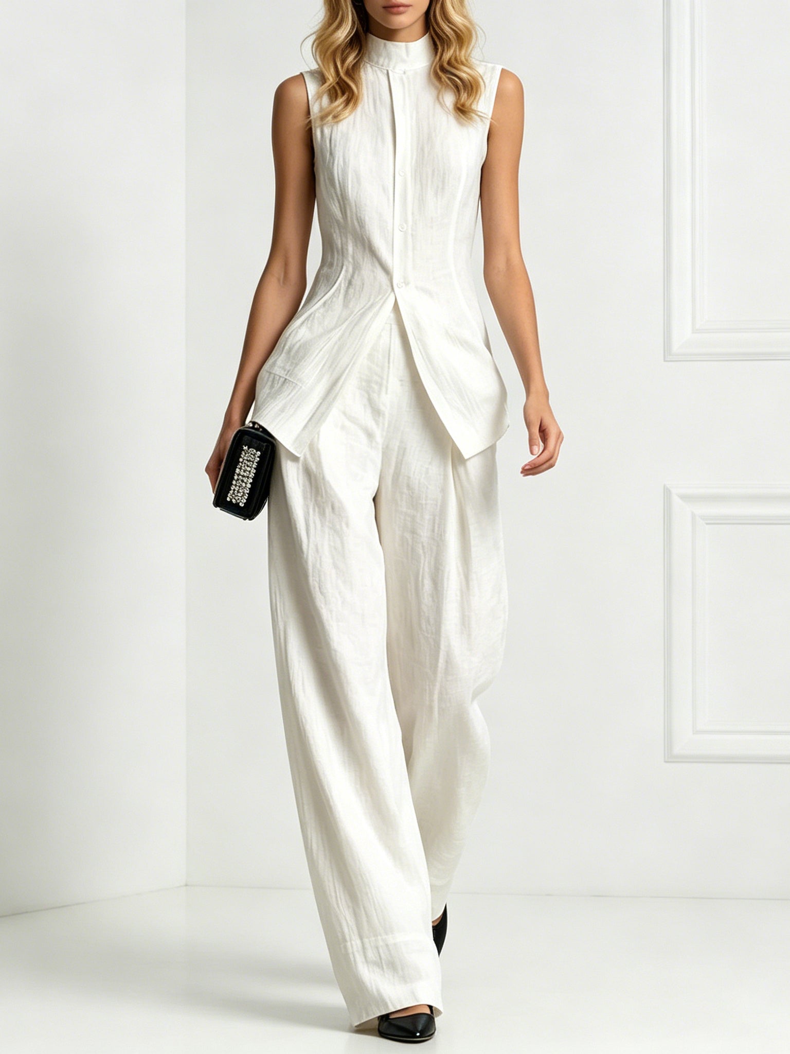 Fashion Elegant Solid Color Sleeveless Cotton Linen Shirt And Trousers Set
