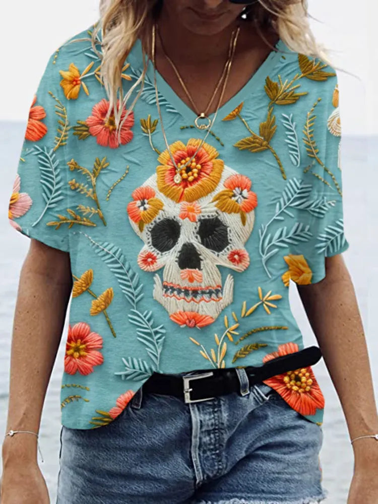 Mexican Cute Sugar Skull Day Of The Dead Inspired Art Painting V-Neck T-Shirt