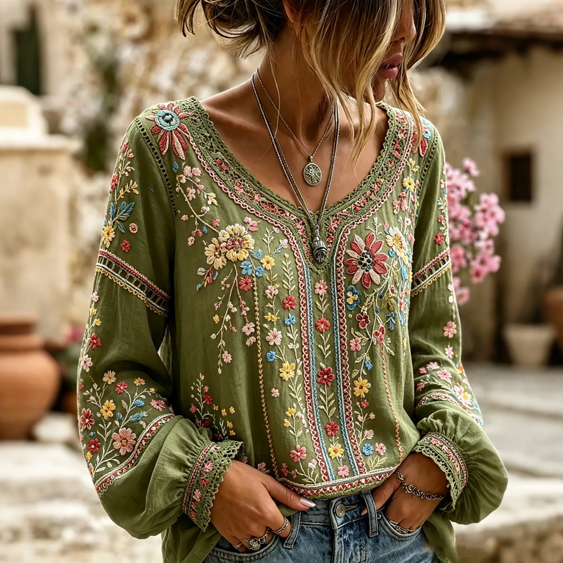 Women's Retro Vacation Floral Design Round Neck Cotton Linen Long Sleeve Top