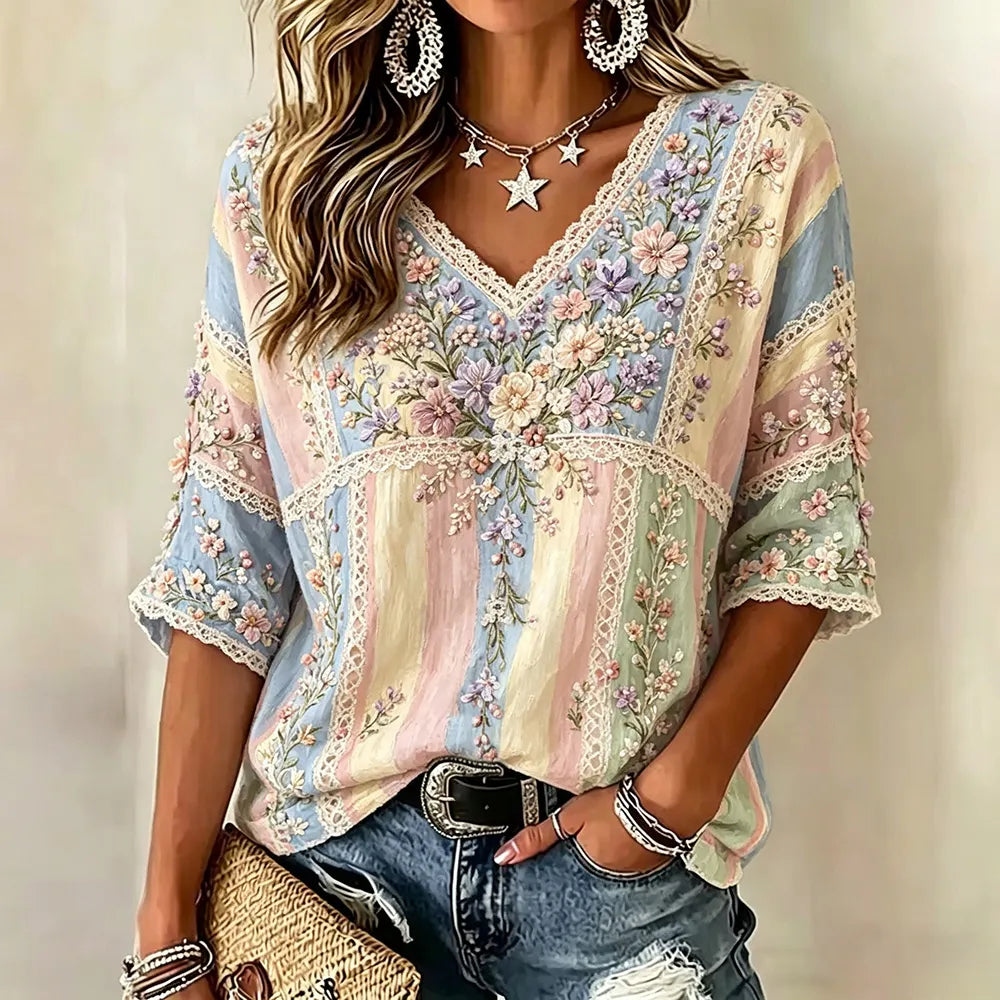Women's Small Floral Embroidery Art Patchwork Vintage Cotton Linen V-neck Short Sleeve Top