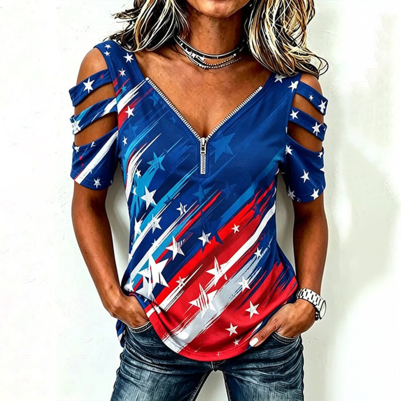 Women's Vintage Independence Day Print Hollow Out Short Sleeve T-shirt