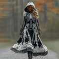 Women's Halloween Skeleton Bones With Rose Art Cozy Knit Hooded Sweater Dress