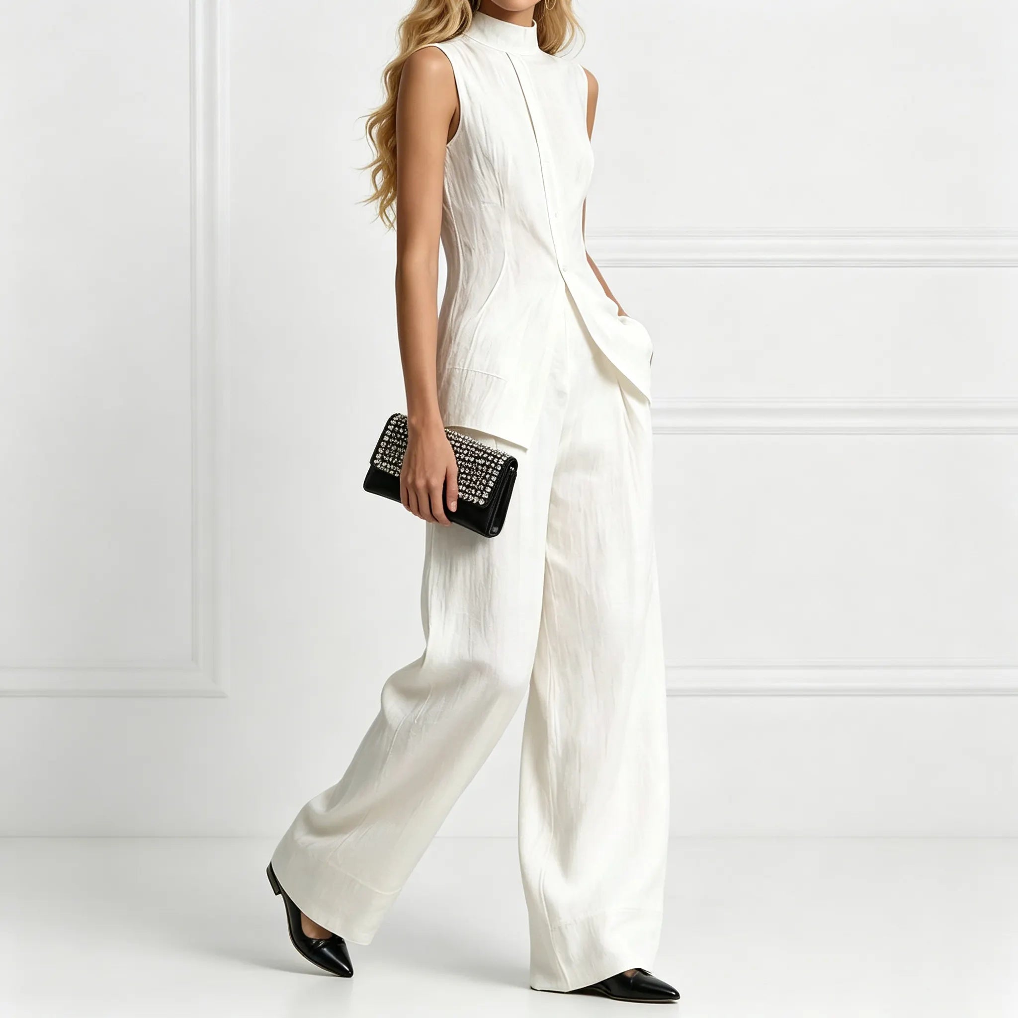 Fashion Elegant Solid Color Sleeveless Cotton Linen Shirt And Trousers Set