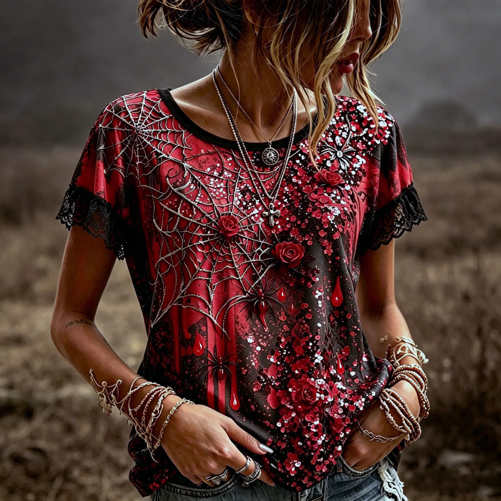 Women's Retro Halloween Style Rose And Spider Embroidery Sequin Print Top