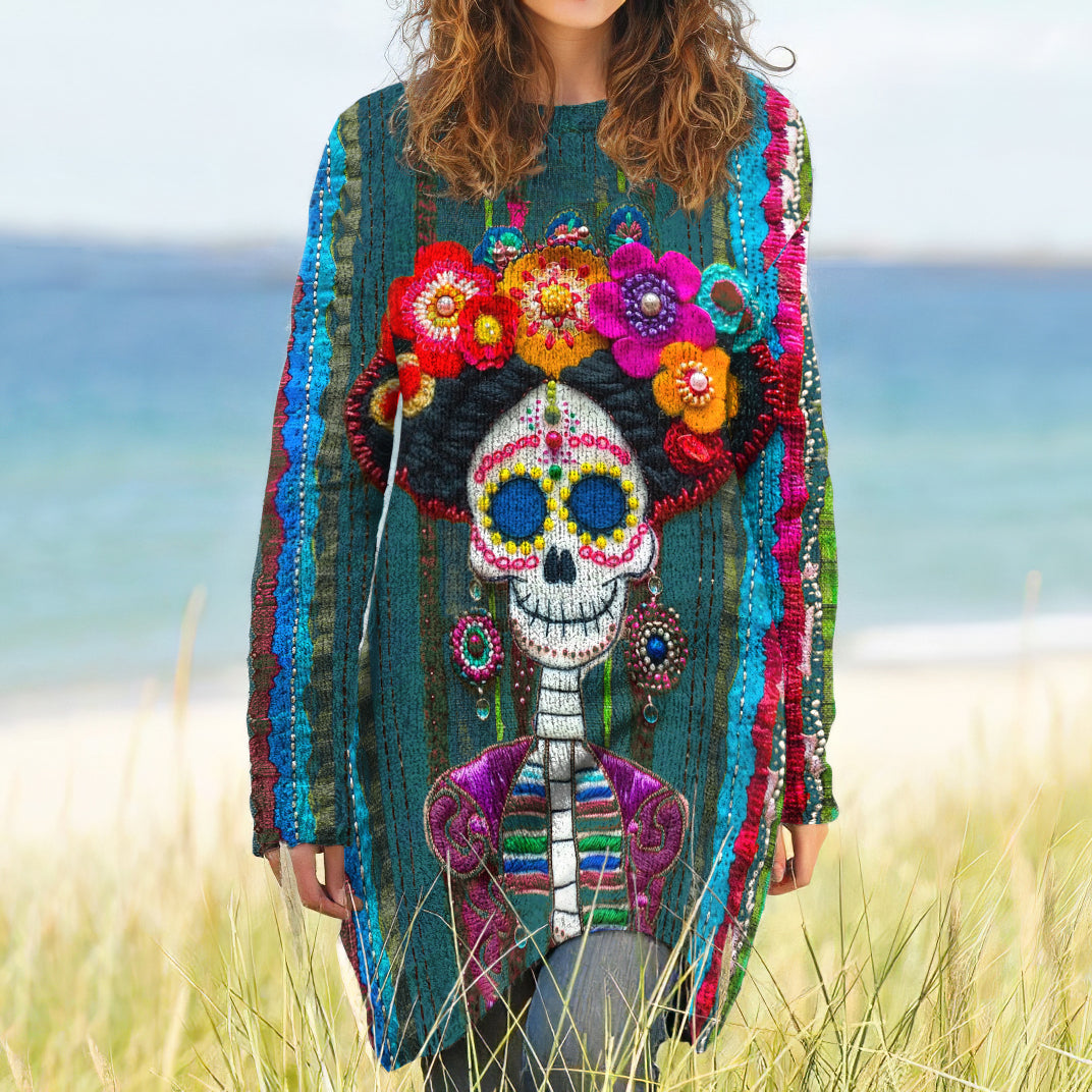 Vintage Mexican Sugar Skeleton Catrina Day Of The Dead Inspired Pattern Long-Sleeve Wool Midi Dress