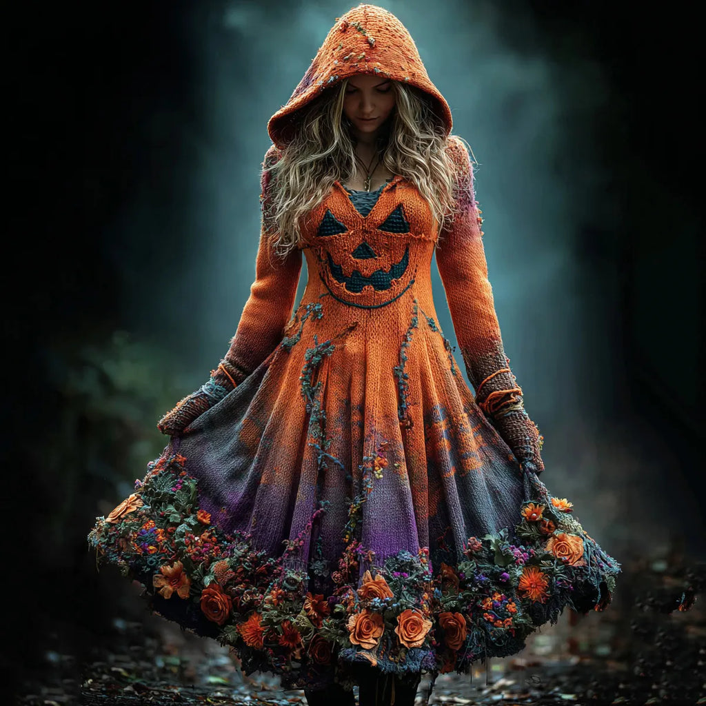 Women's Retro Pumpkin Face Gradient Floral Hooded Sweater Dress