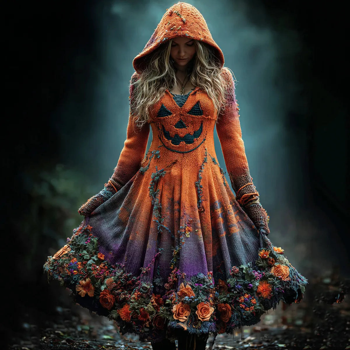 Women's Retro Pumpkin Face Gradient Floral Hooded Sweater Dress