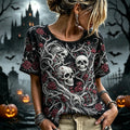 Women's Retro Halloween Skull Floral Art Casual Crew Neck Short Sleeve T-shirt