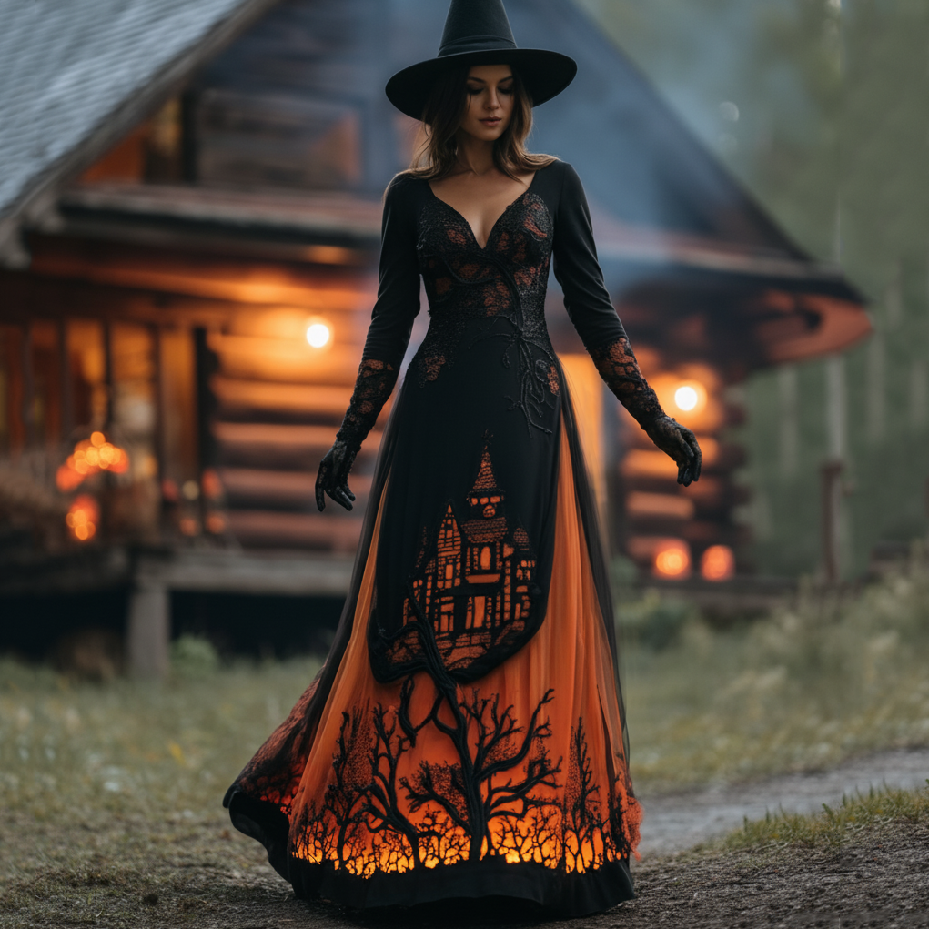 Women's Halloween Gradient Treehouse Design Witch Maxi Dress