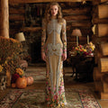Vintage Mexican Day Of The Dead Skeleton Bones Embroidery Flowers Cozy Velvet Maxi Dress